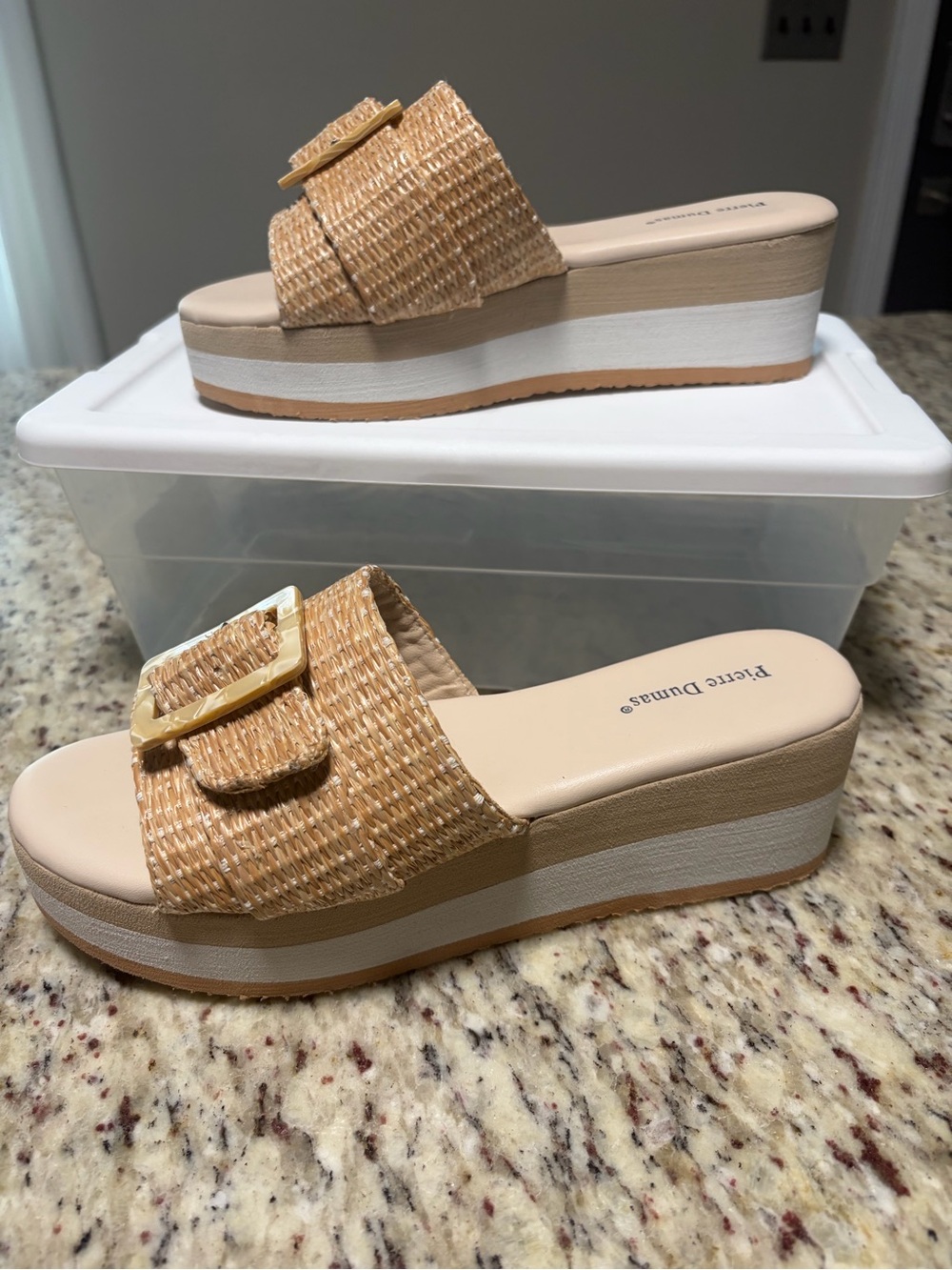 Pierre Dumas Tan Woven Platform Slide Sandals with Gold Buckle